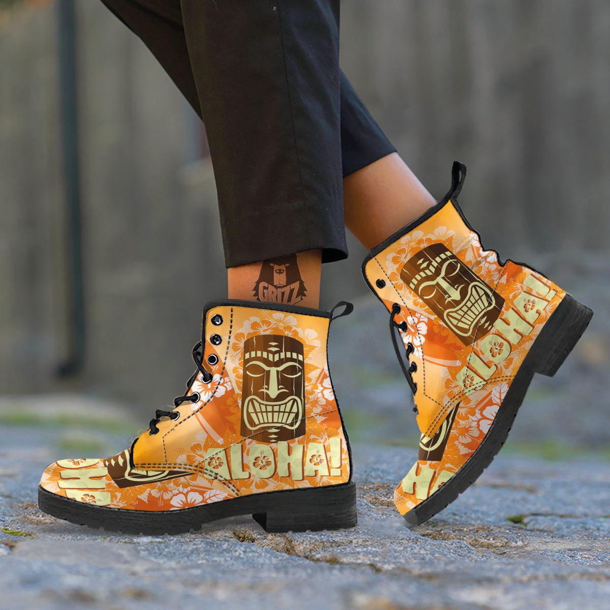 Tiki Aloha Print Leather Boots-grizzshop