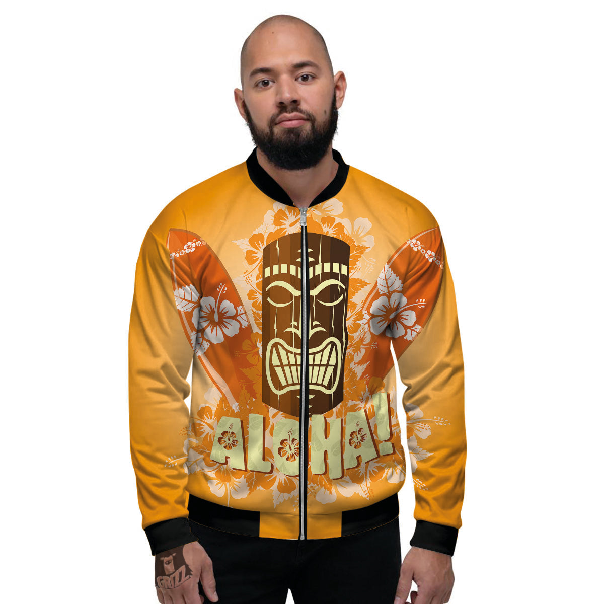 Tiki Aloha Print Men's Bomber Jacket-grizzshop