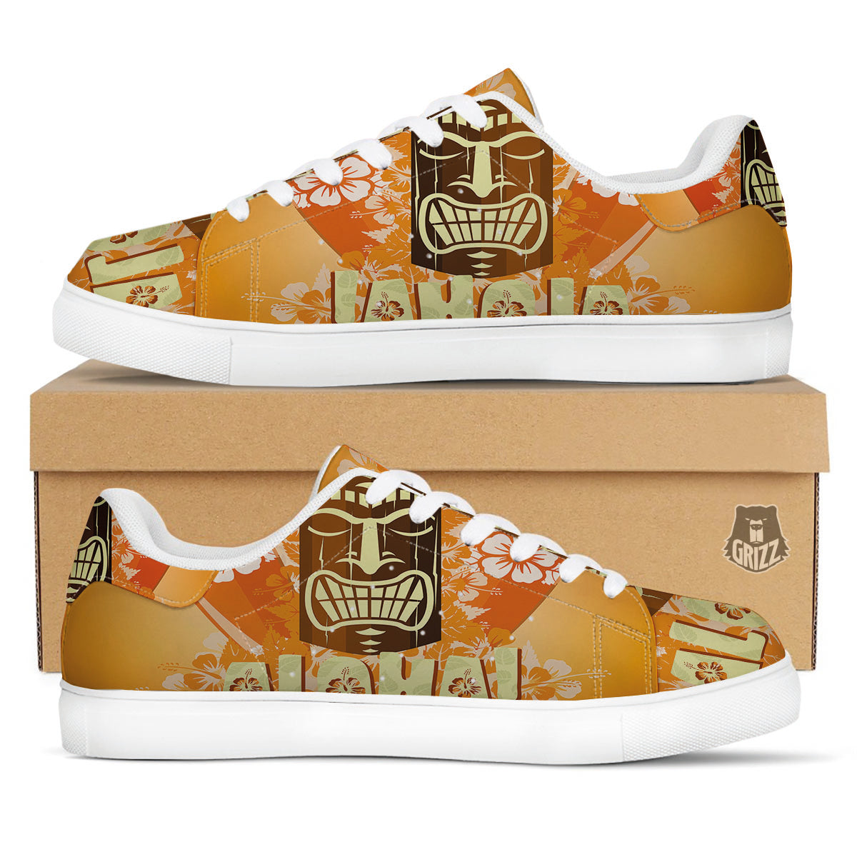 Tiki Aloha Print White Low Top Sneakers-grizzshop