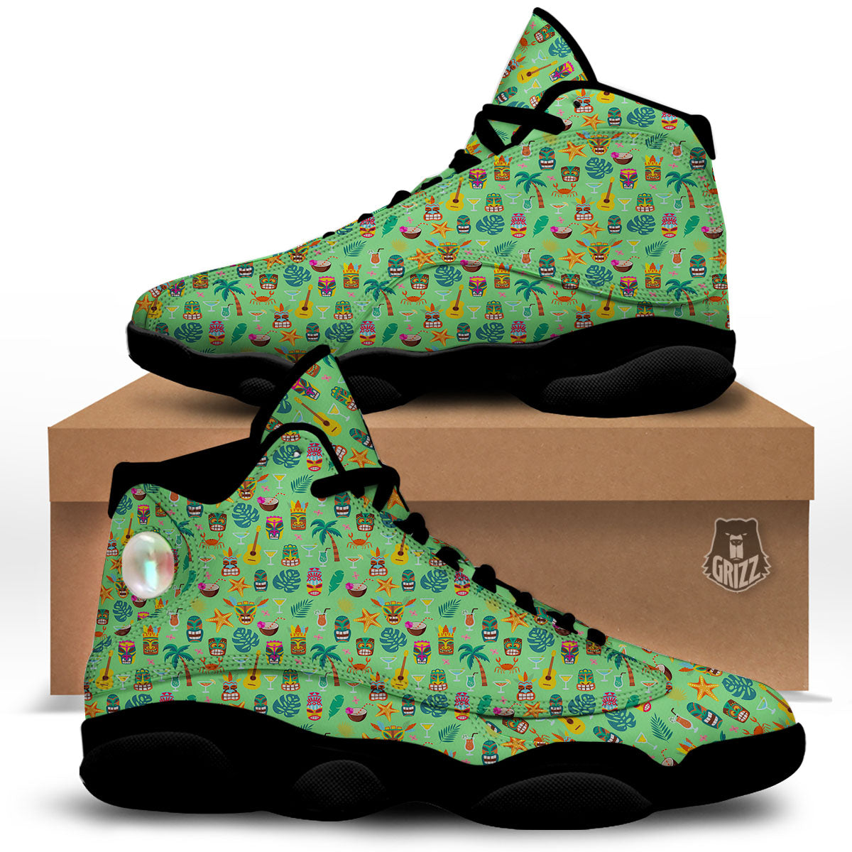 Tiki Colorful Print Pattern Black Basketball Shoes-grizzshop