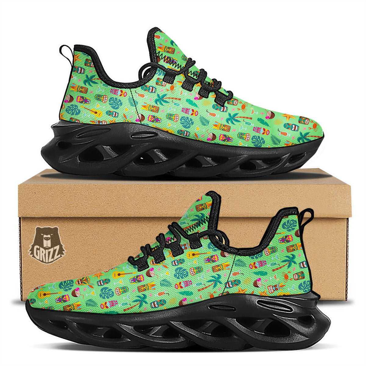 Tiki Colorful Print Pattern Black Running Shoes-grizzshop