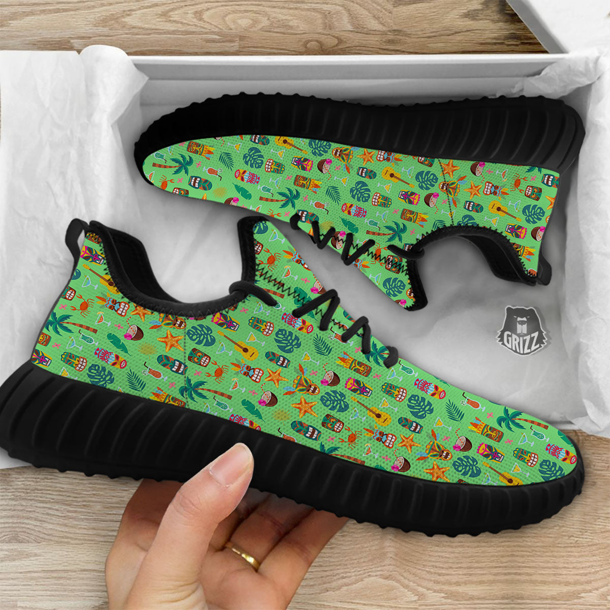 Tiki Colorful Print Pattern Black Walking Shoes-grizzshop