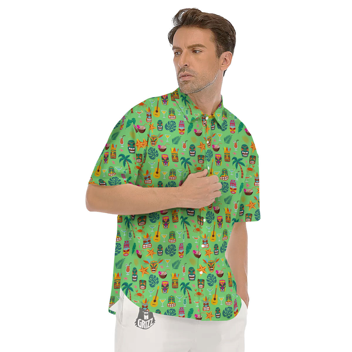 Tiki Colorful Print Pattern Men's Short Sleeve Shirts-grizzshop