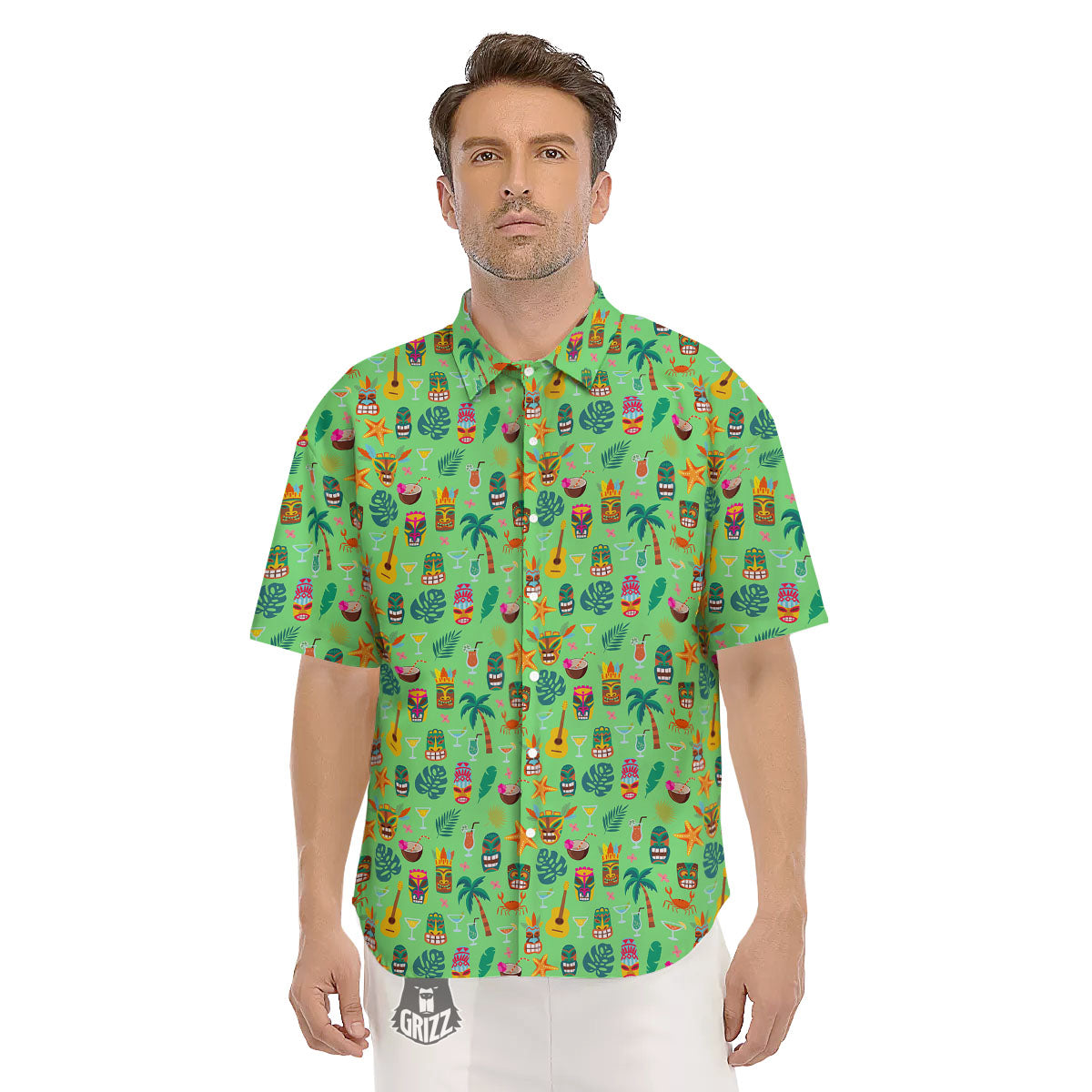 Tiki Colorful Print Pattern Men's Short Sleeve Shirts-grizzshop