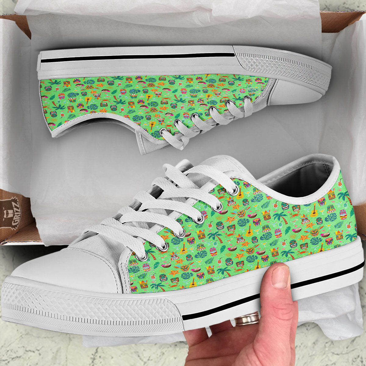 Tiki Colorful Print Pattern White Low Top Shoes-grizzshop