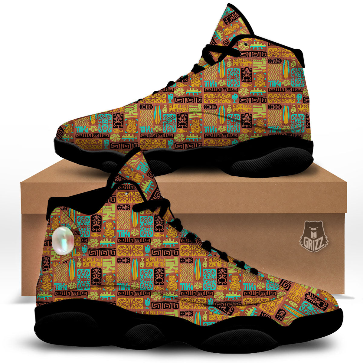 Tiki Ethnic Print Pattern Black Basketball Shoes-grizzshop