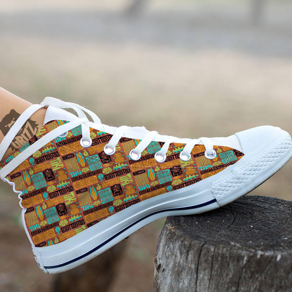 Tiki Ethnic Print Pattern White High Top Shoes-grizzshop