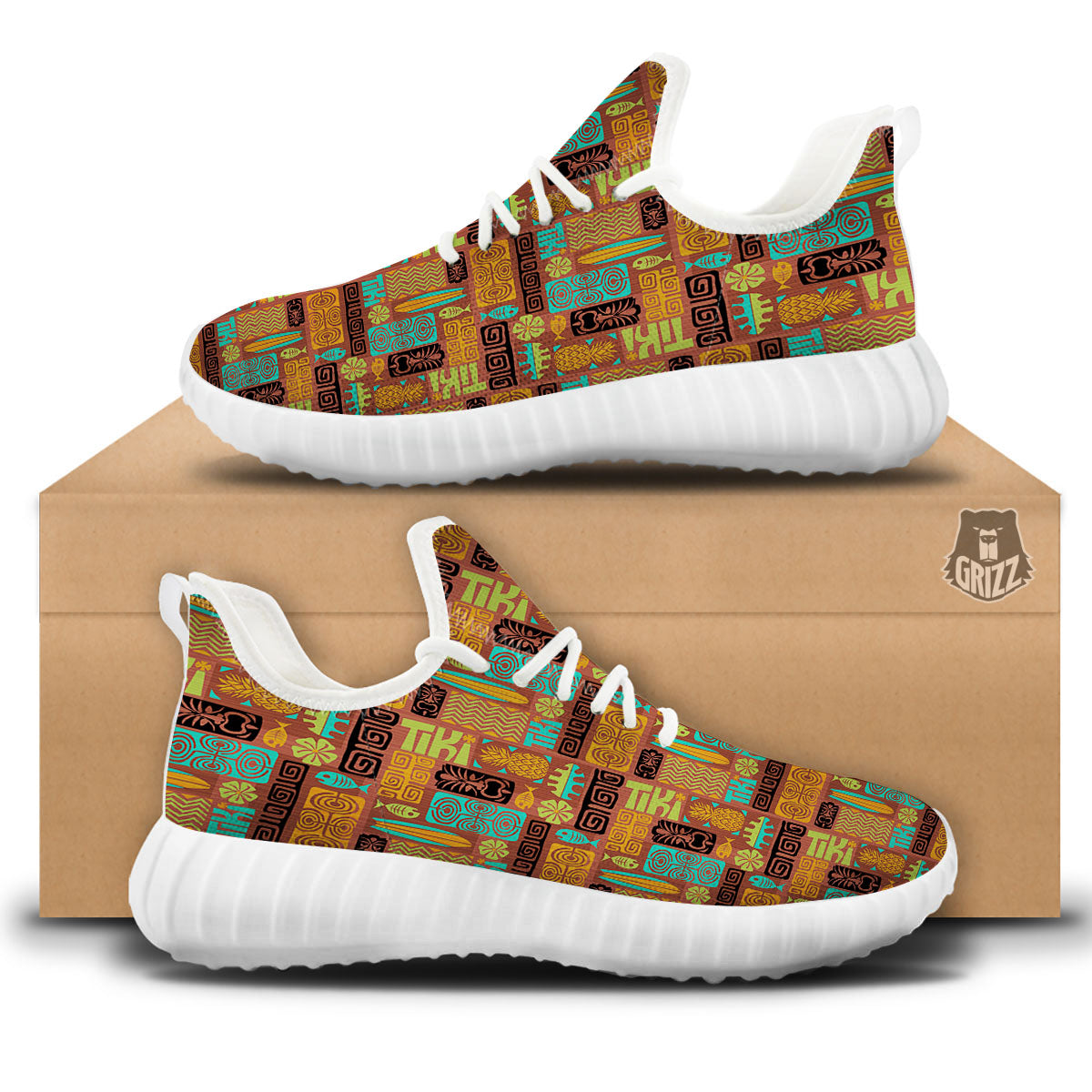 Tiki Ethnic Print Pattern White Walking Shoes-grizzshop