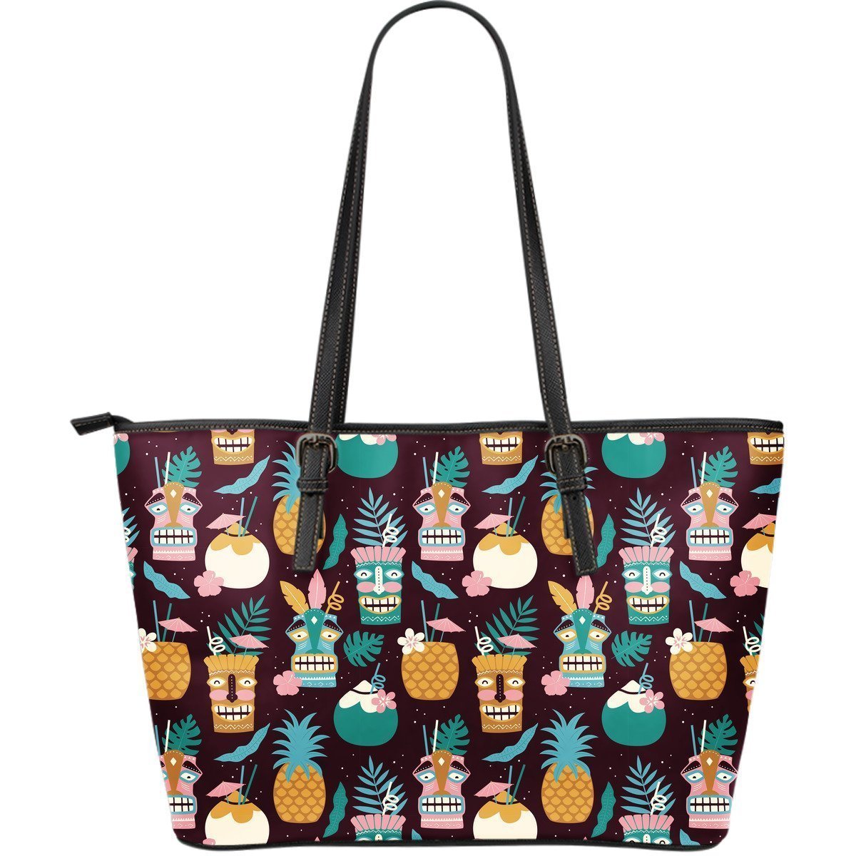 Tiki Fruit Pattern Print Leather Tote Bag-grizzshop