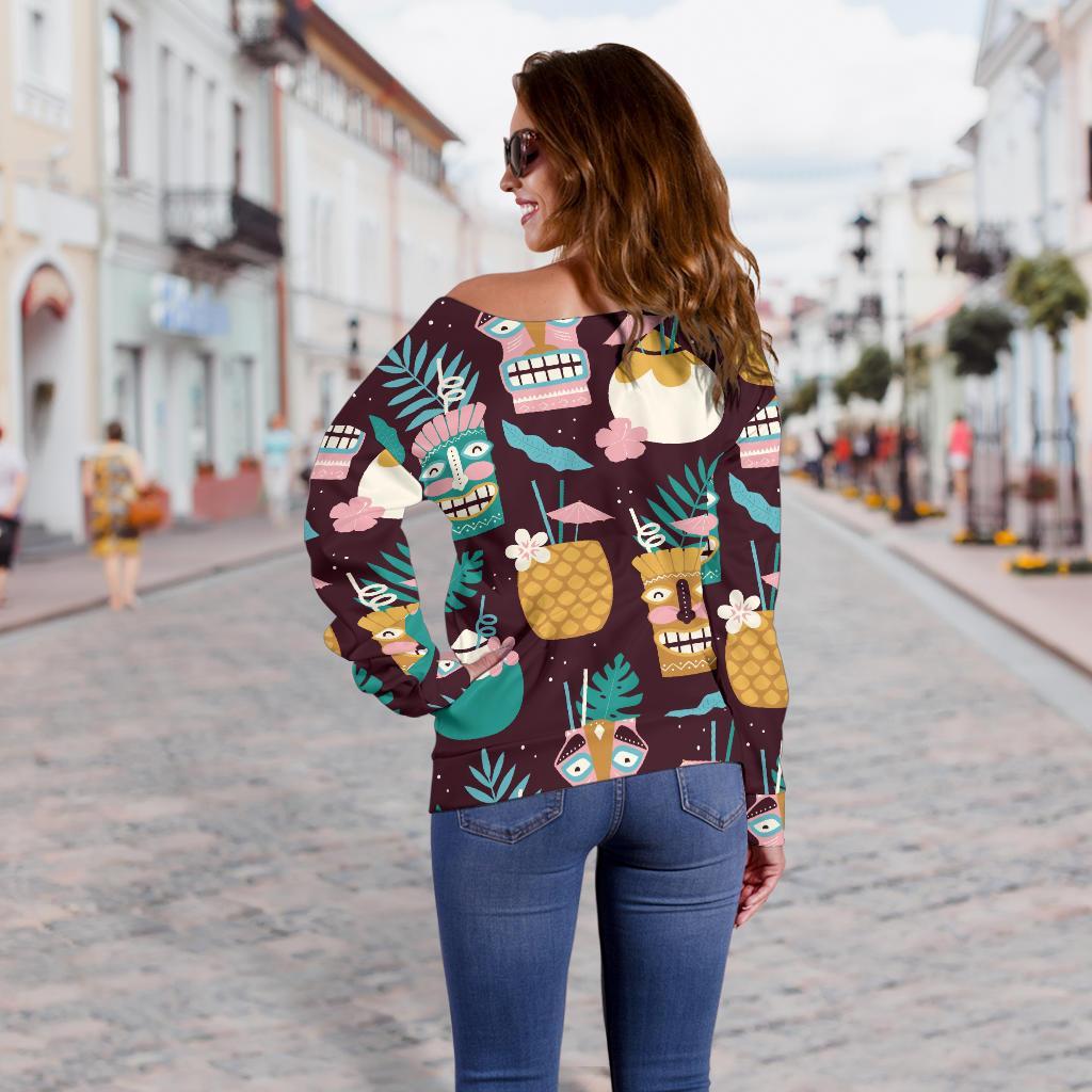 Tiki Fruit Pattern Print Women Off Shoulder Sweatshirt-grizzshop