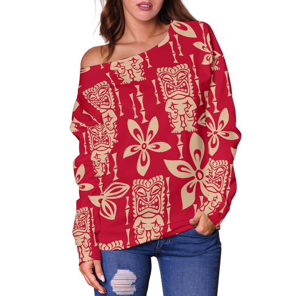 Tiki Hawaiian Pattern Print Women Off Shoulder Sweatshirt-grizzshop