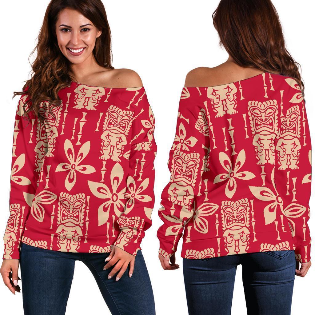 Tiki Hawaiian Pattern Print Women Off Shoulder Sweatshirt-grizzshop