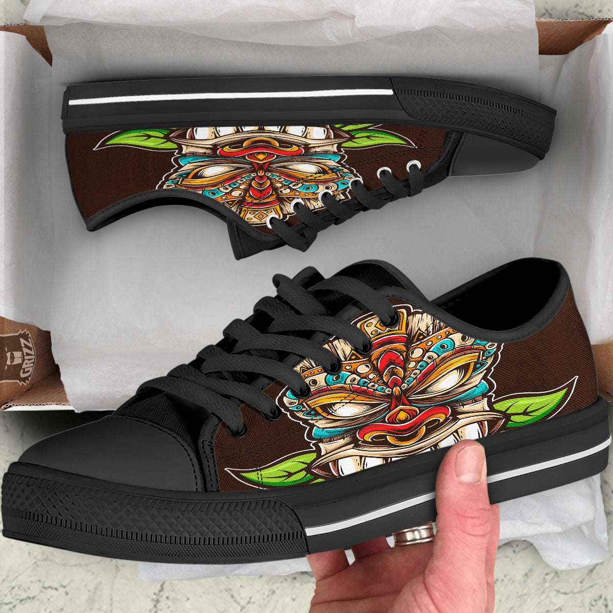 Tiki Hawaiian Print Black Low Top Shoes-grizzshop