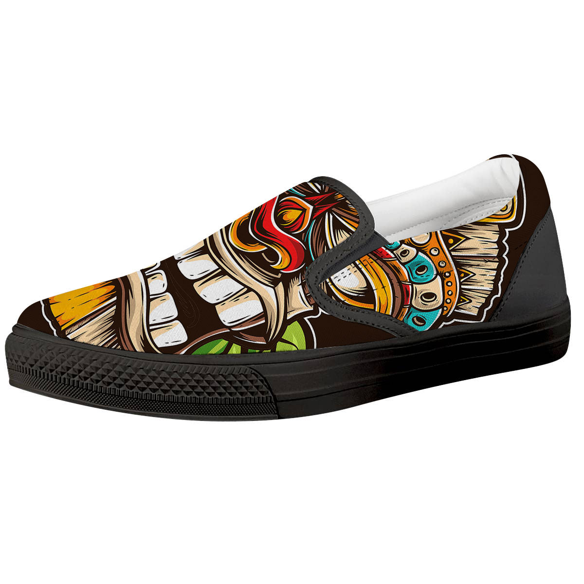 Tiki Hawaiian Print Black Slip On Shoes-grizzshop