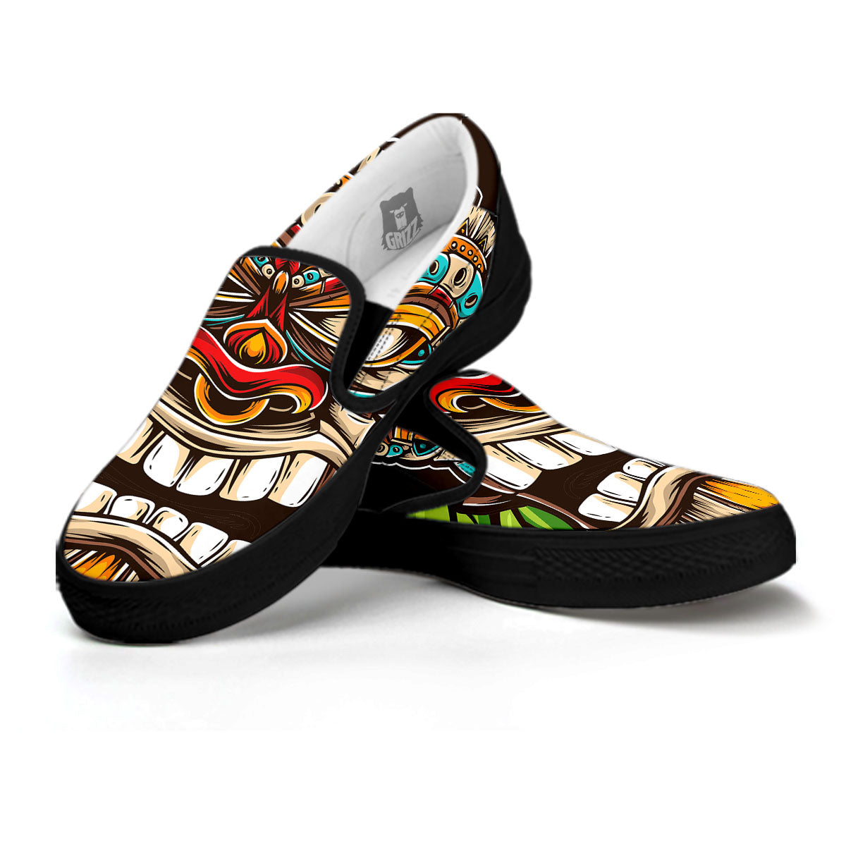 Tiki Hawaiian Print Black Slip On Shoes-grizzshop