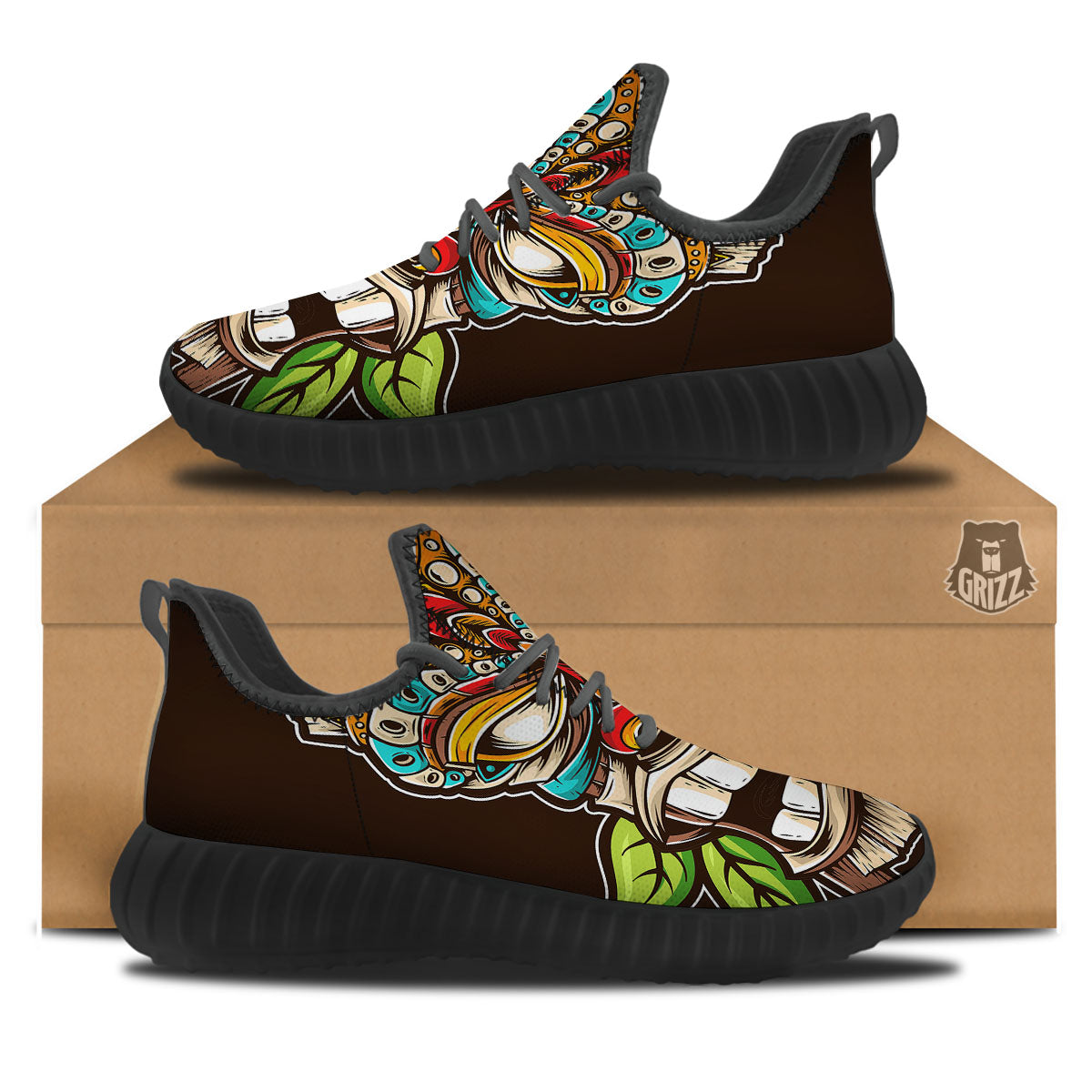 Tiki Hawaiian Print Black Walking Shoes-grizzshop