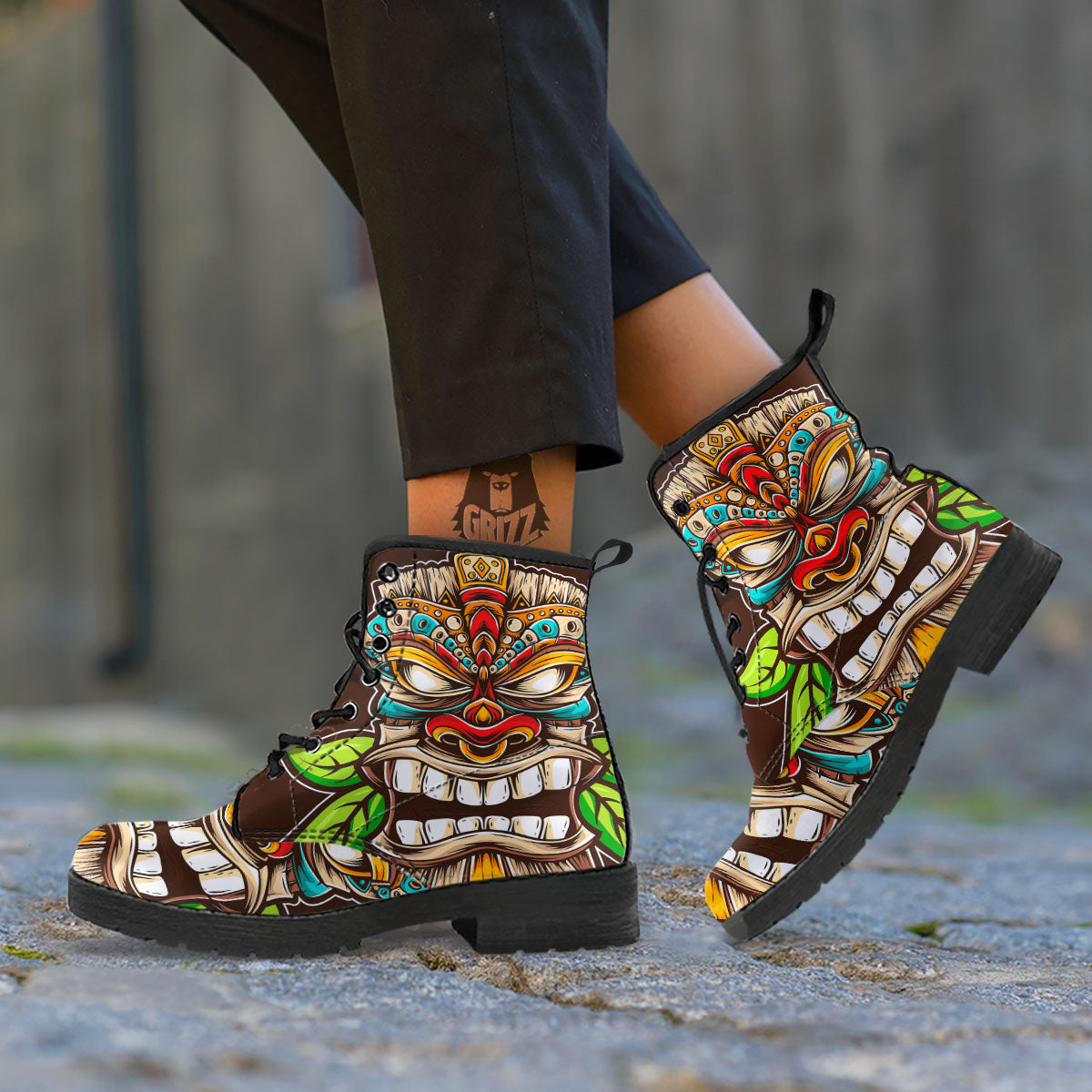 Tiki Hawaiian Print Leather Boots-grizzshop