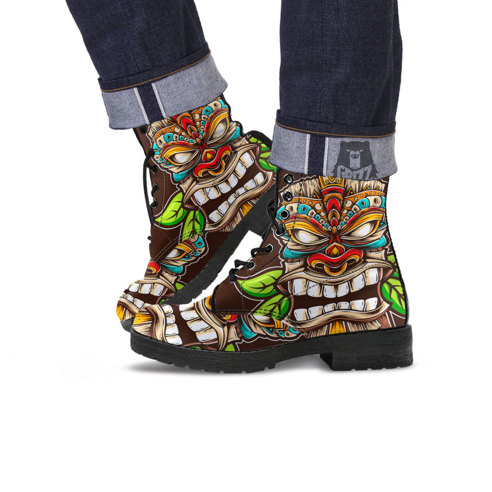 Tiki Hawaiian Print Leather Boots-grizzshop