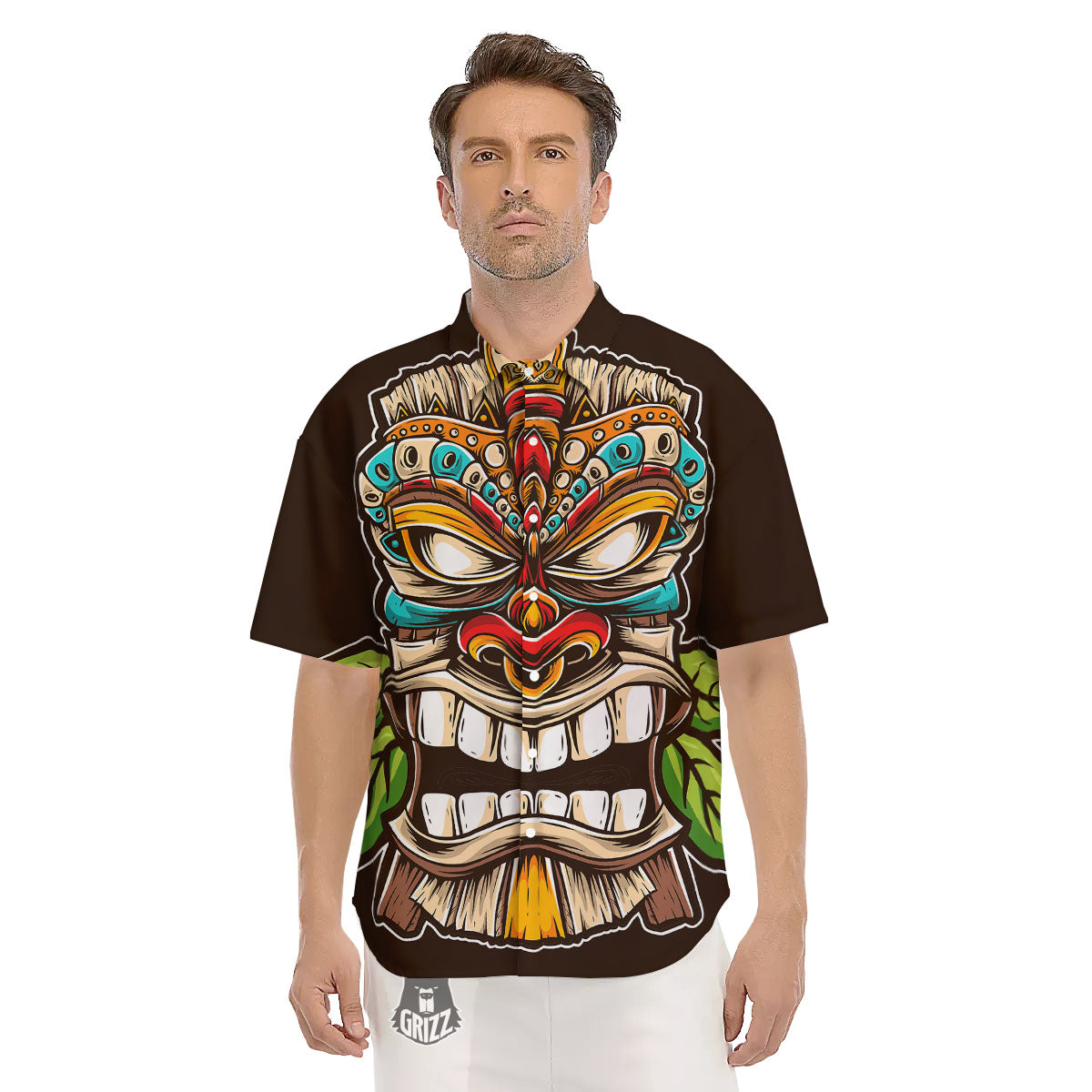 Tiki Hawaiian Print Men's Short Sleeve Shirts-grizzshop