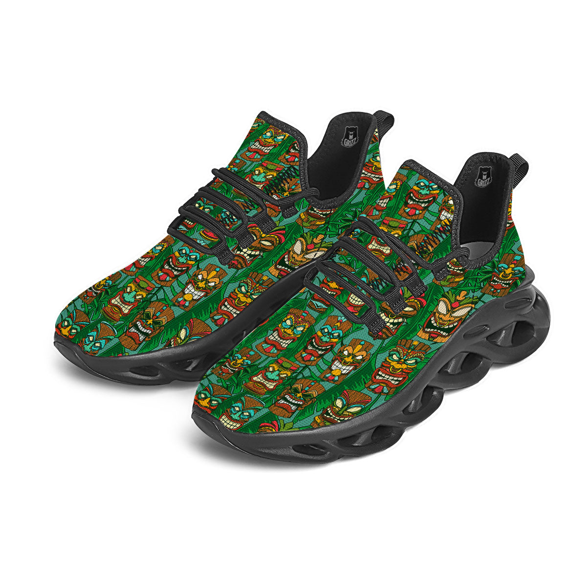 Tiki Hawaiian Print Pattern Black Running Shoes-grizzshop