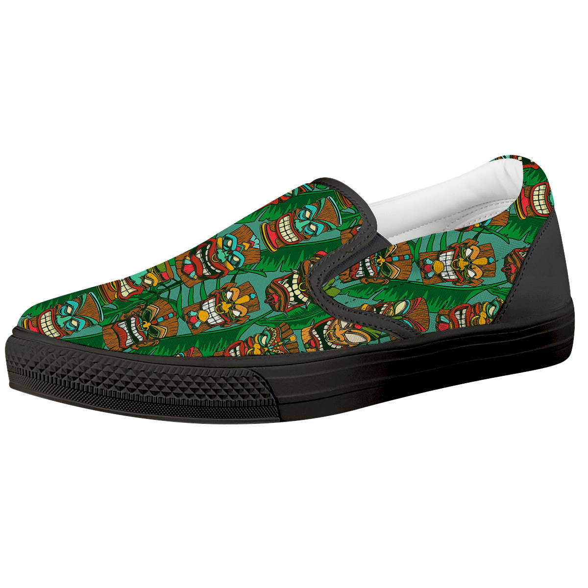 Tiki Hawaiian Print Pattern Black Slip On Shoes-grizzshop