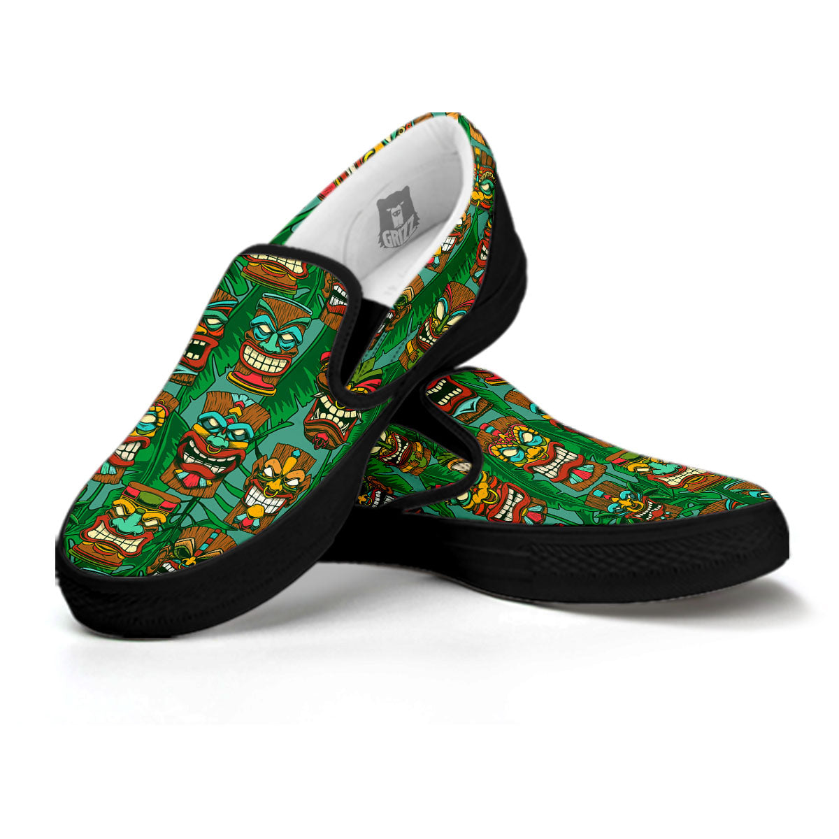 Tiki Hawaiian Print Pattern Black Slip On Shoes-grizzshop
