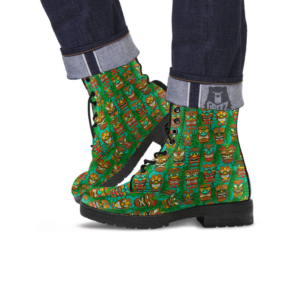 Tiki Hawaiian Print Pattern Leather Boots-grizzshop