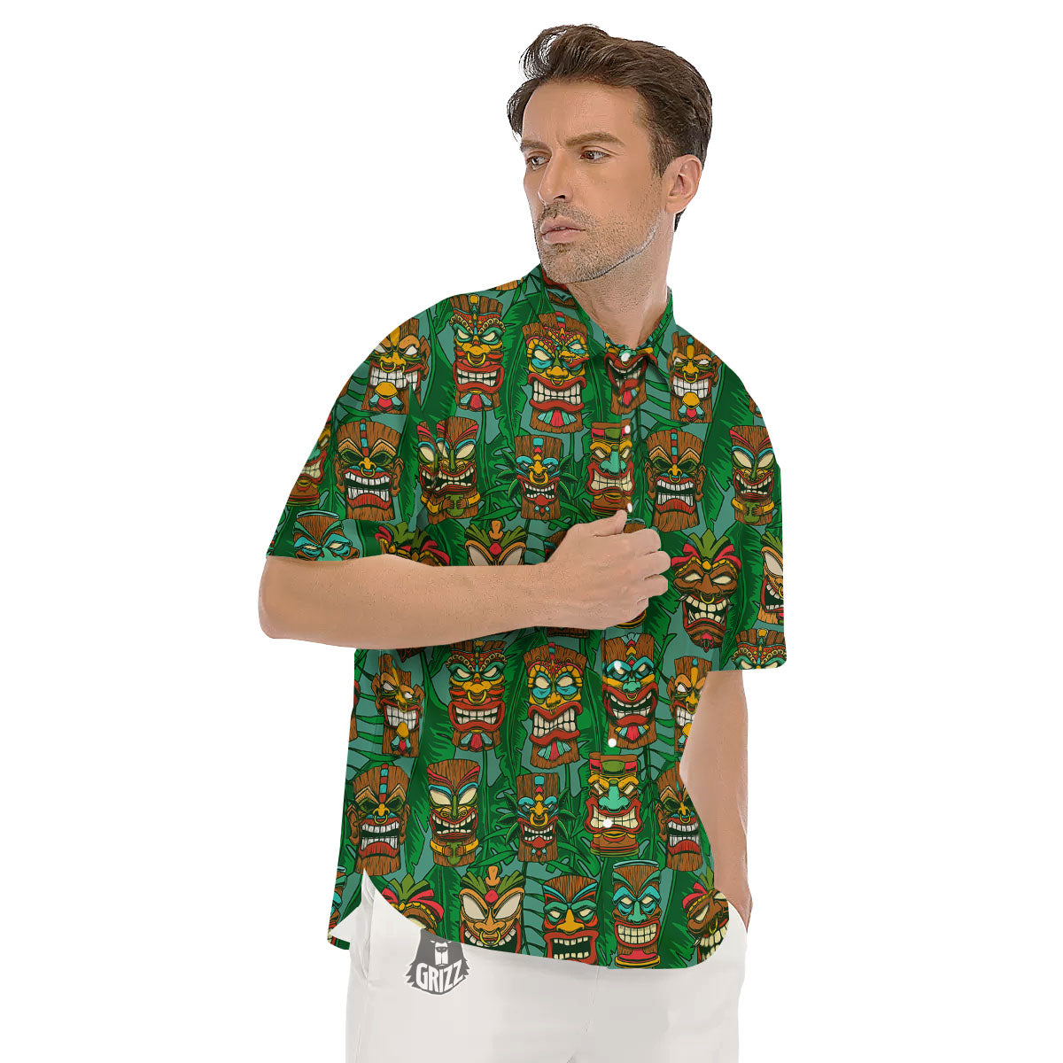 Tiki Hawaiian Print Pattern Men's Short Sleeve Shirts-grizzshop