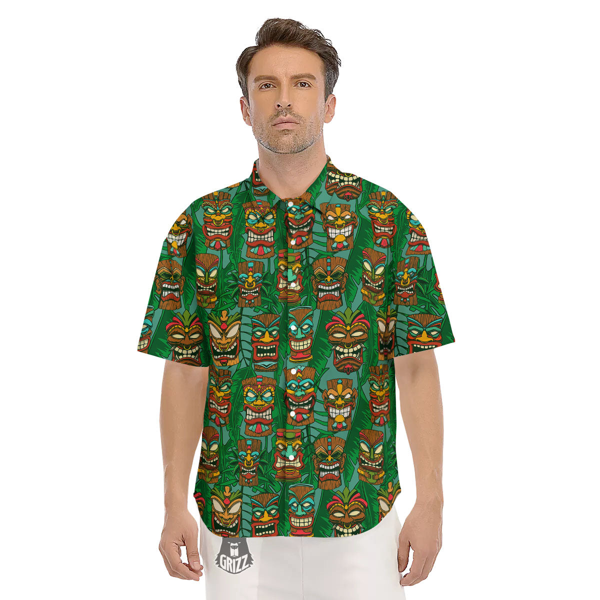 Tiki Hawaiian Print Pattern Men's Short Sleeve Shirts-grizzshop