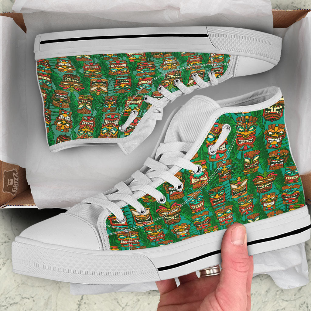 Tiki Hawaiian Print Pattern White High Top Shoes-grizzshop