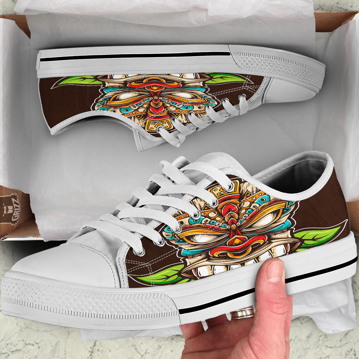 Tiki Hawaiian Print White Low Top Shoes-grizzshop
