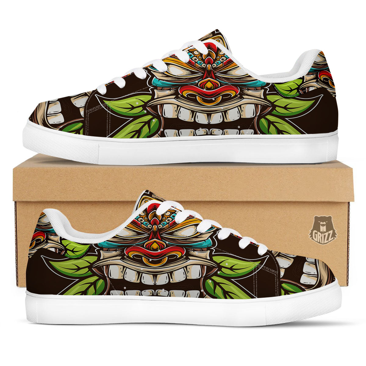 Tiki Hawaiian Print White Low Top Sneakers-grizzshop