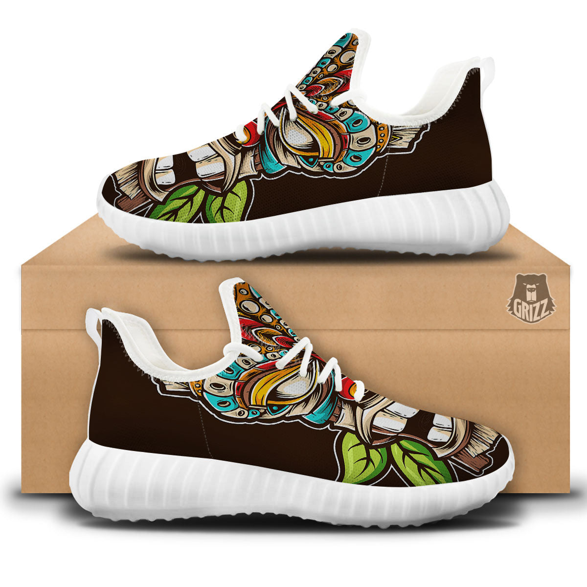Tiki Hawaiian Print White Walking Shoes-grizzshop