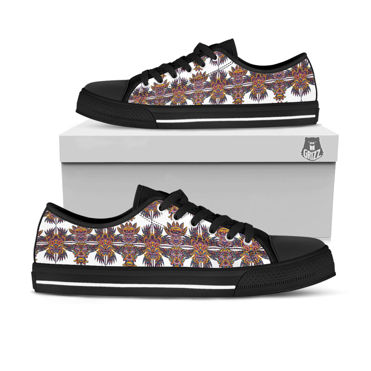 Tiki Mask Ornament Print Pattern Black Low Top Shoes-grizzshop