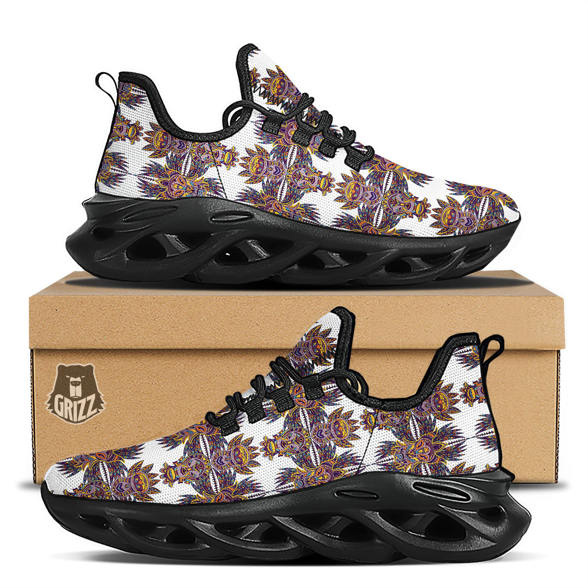 Tiki Mask Ornament Print Pattern Black Running Shoes-grizzshop
