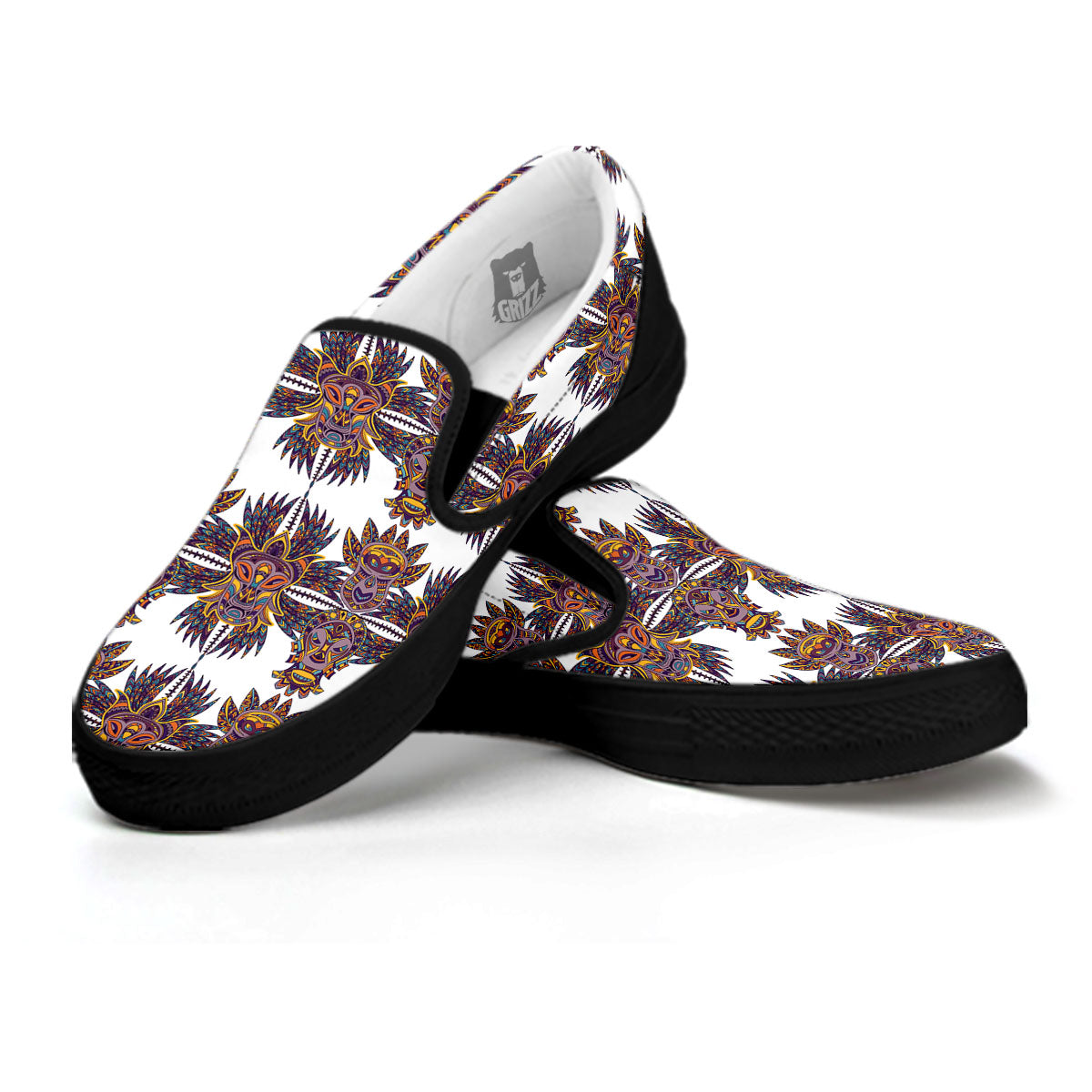 Tiki Mask Ornament Print Pattern Black Slip On Shoes-grizzshop
