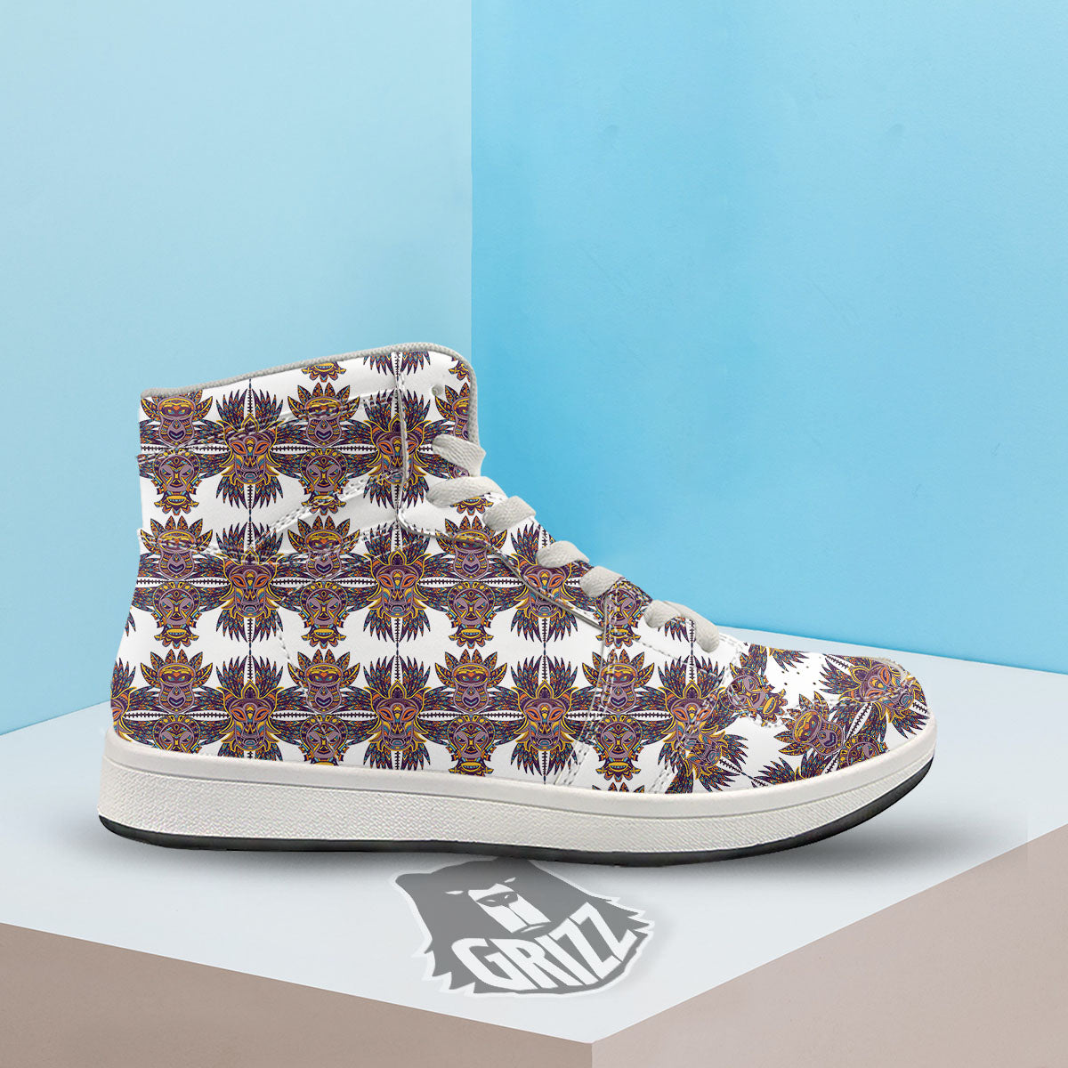 Tiki Mask Ornament Print Pattern High Top Sneakers-grizzshop