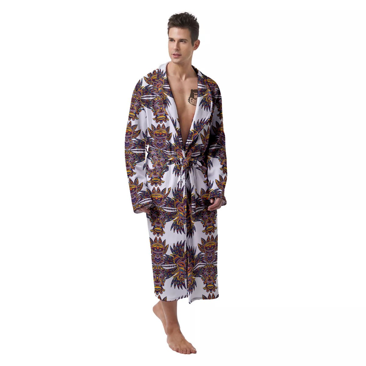 Tiki Mask Ornament Print Pattern Men's Robe-grizzshop