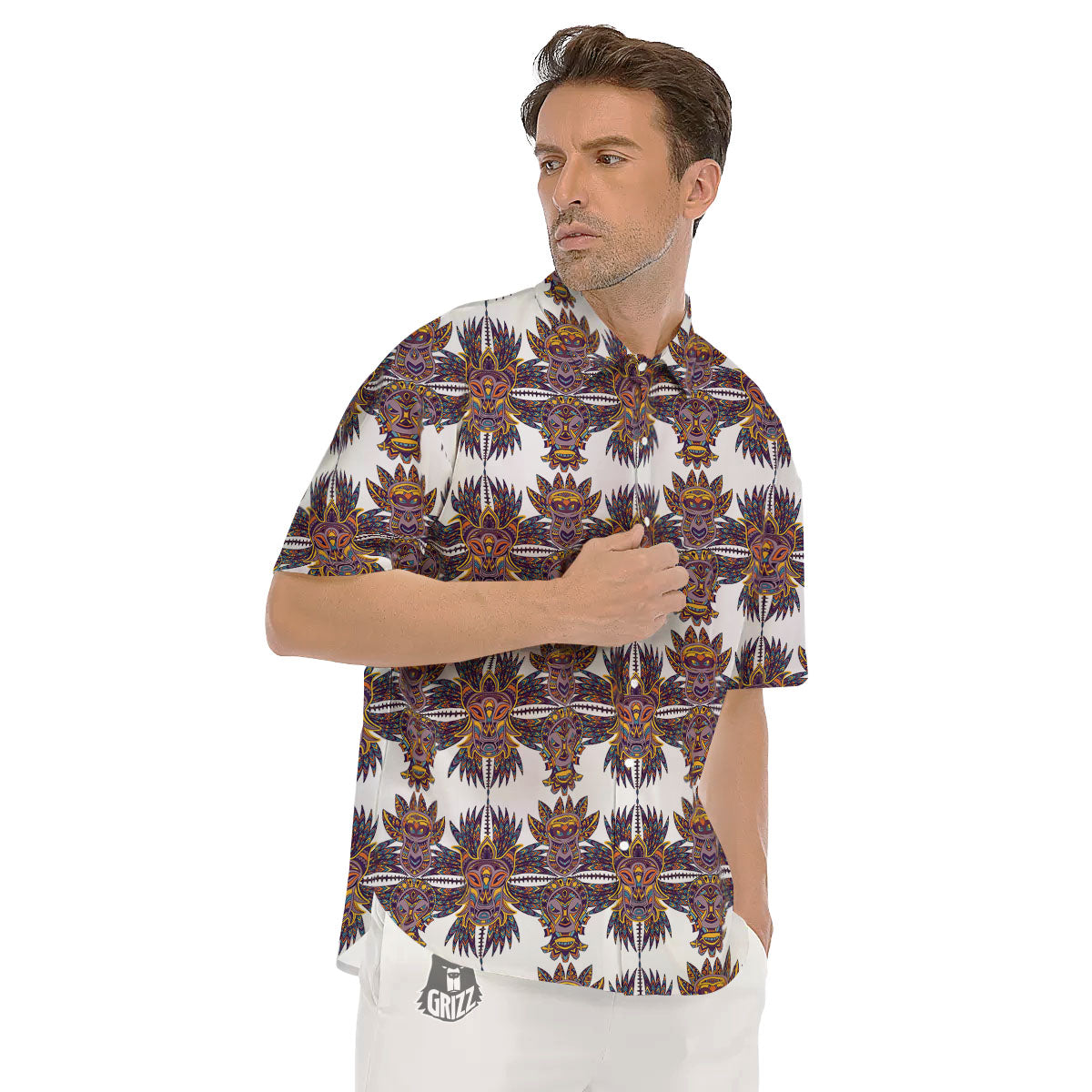 Tiki Mask Ornament Print Pattern Men's Short Sleeve Shirts-grizzshop