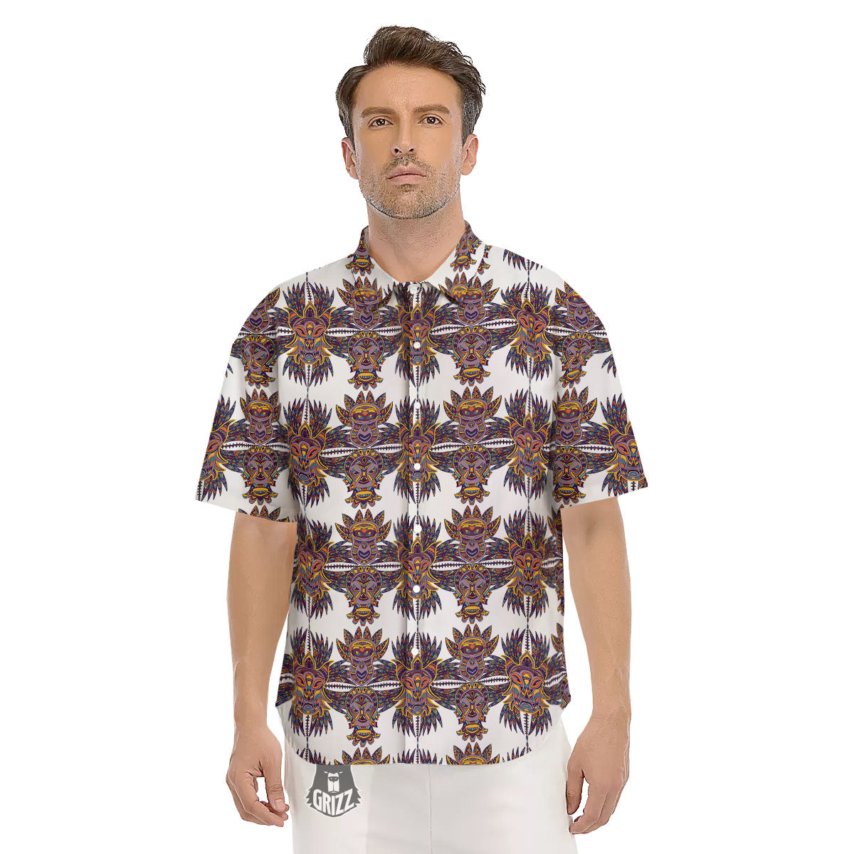 Tiki Mask Ornament Print Pattern Men's Short Sleeve Shirts-grizzshop