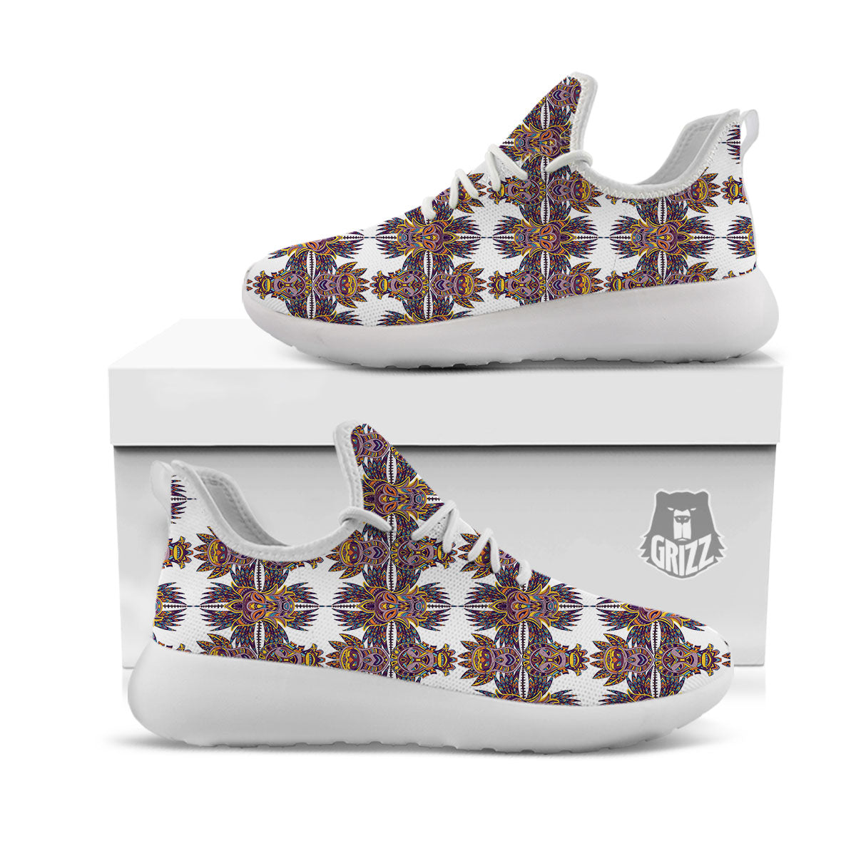 Tiki Mask Ornament Print Pattern White Athletic Shoes-grizzshop