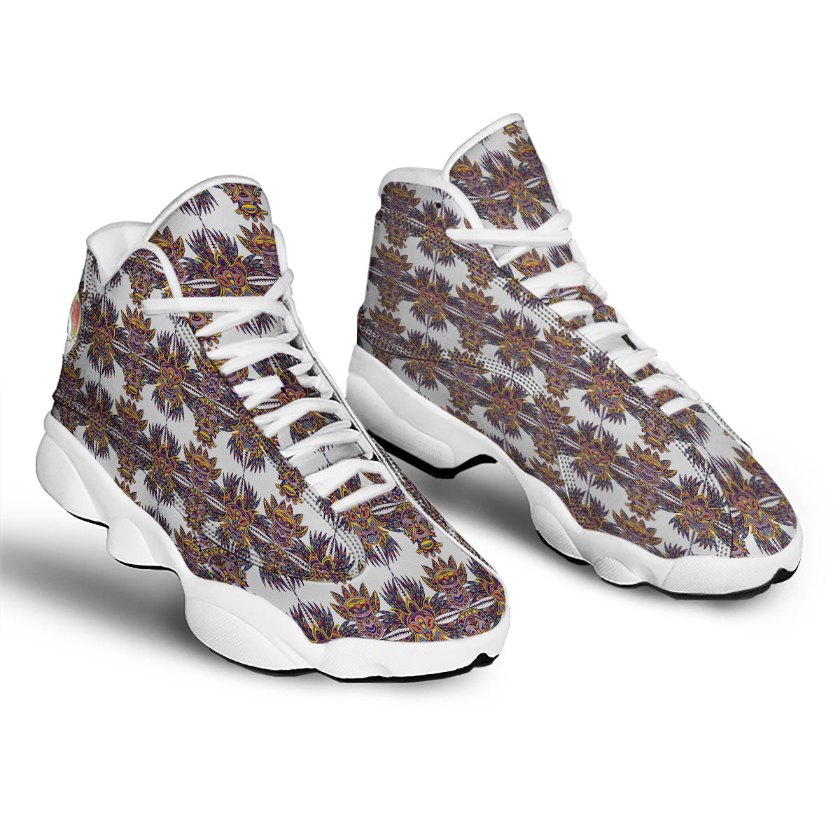 Tiki Mask Ornament Print Pattern White Basketball Shoes-grizzshop