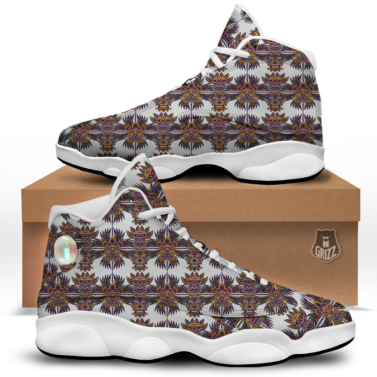 Tiki Mask Ornament Print Pattern White Basketball Shoes-grizzshop