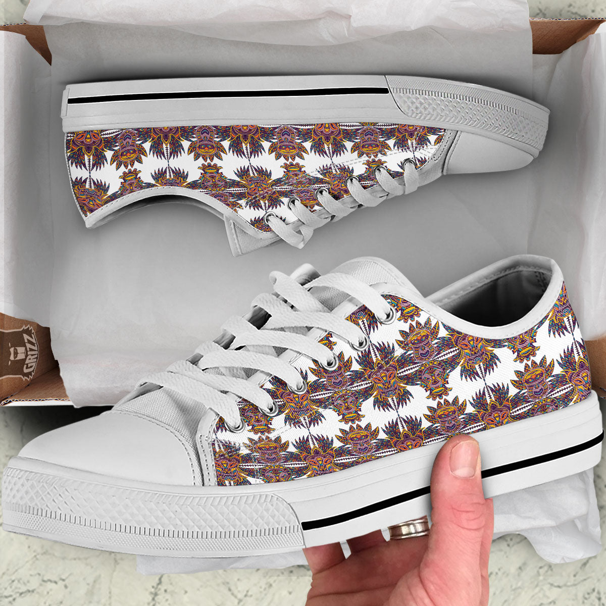 Tiki Mask Ornament Print Pattern White Low Top Shoes-grizzshop