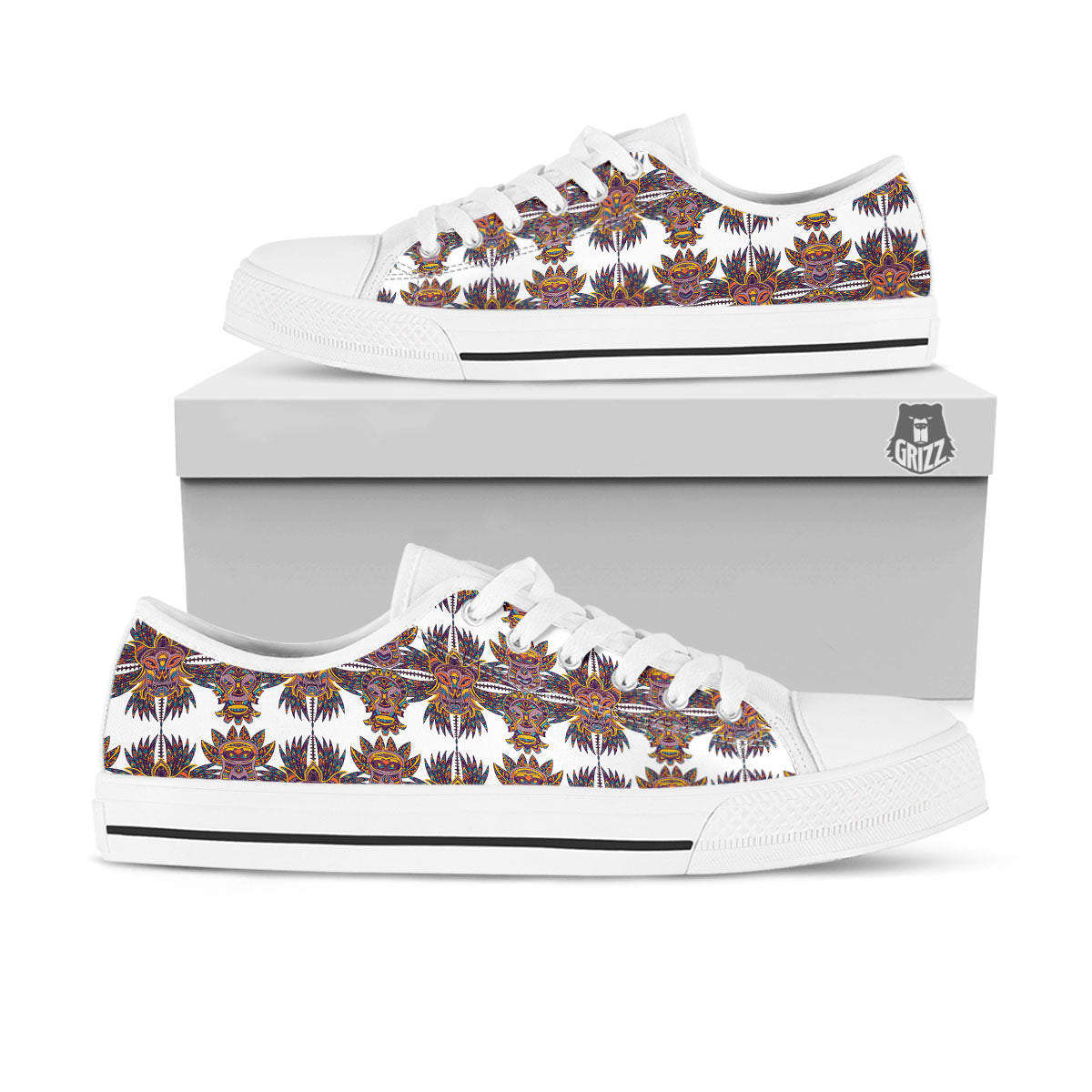 Tiki Mask Ornament Print Pattern White Low Top Shoes-grizzshop