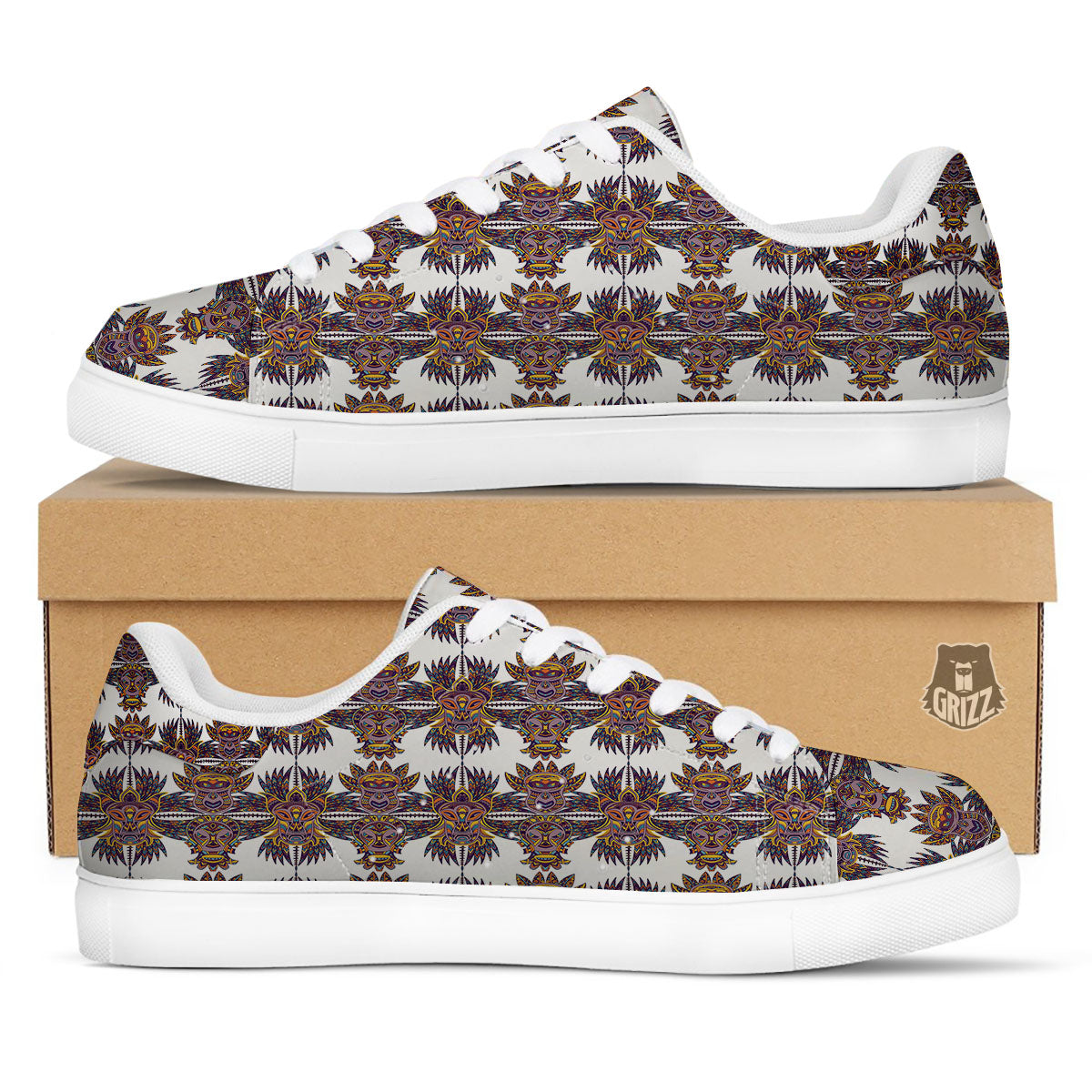 Tiki Mask Ornament Print Pattern White Low Top Sneakers-grizzshop