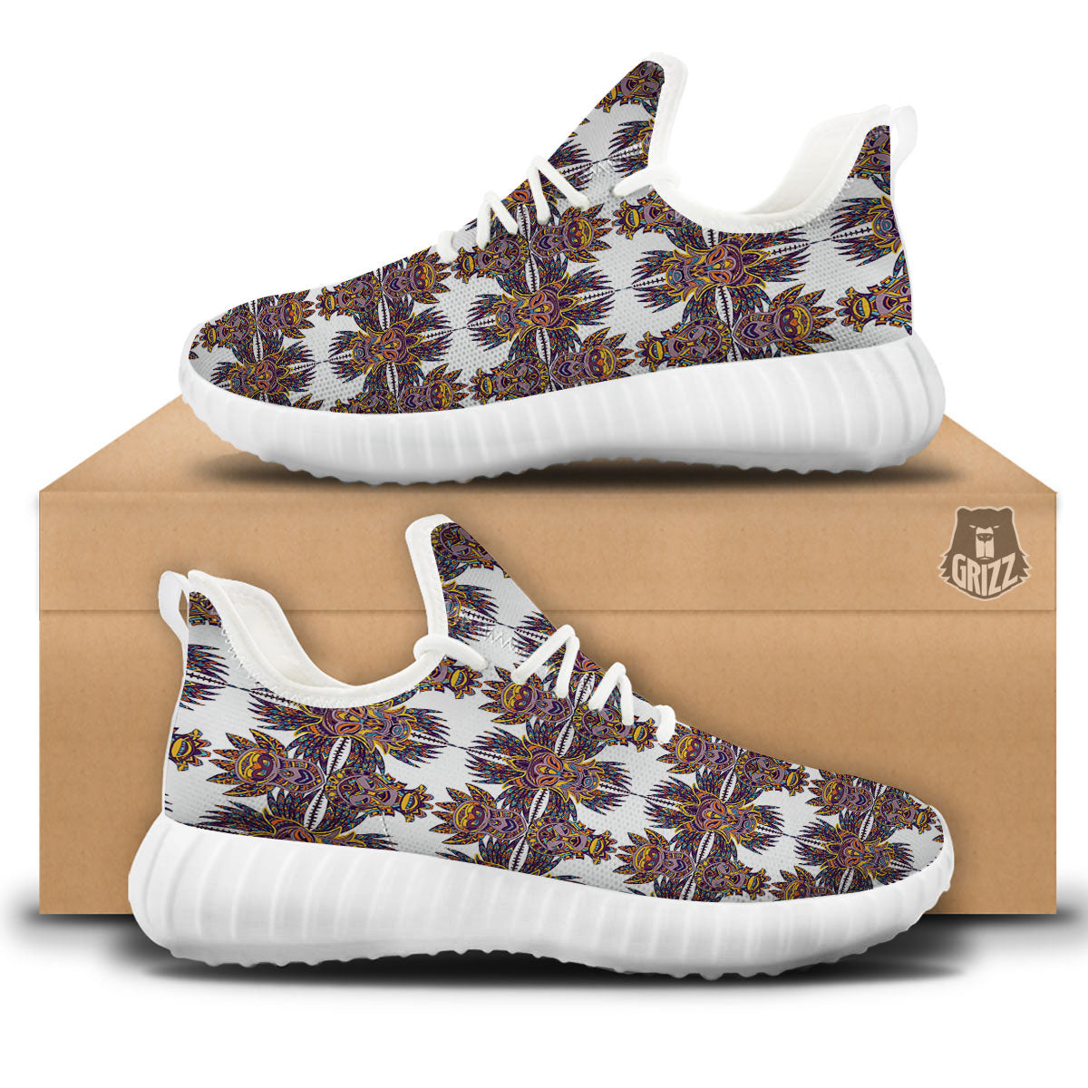 Tiki Mask Ornament Print Pattern White Walking Shoes-grizzshop
