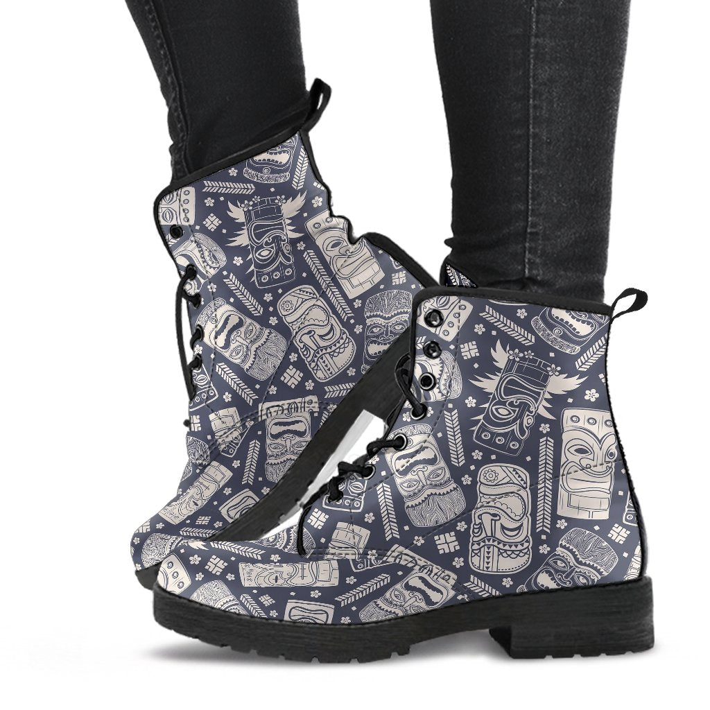 Tiki Pattern Print Men Women Leather Boots-grizzshop