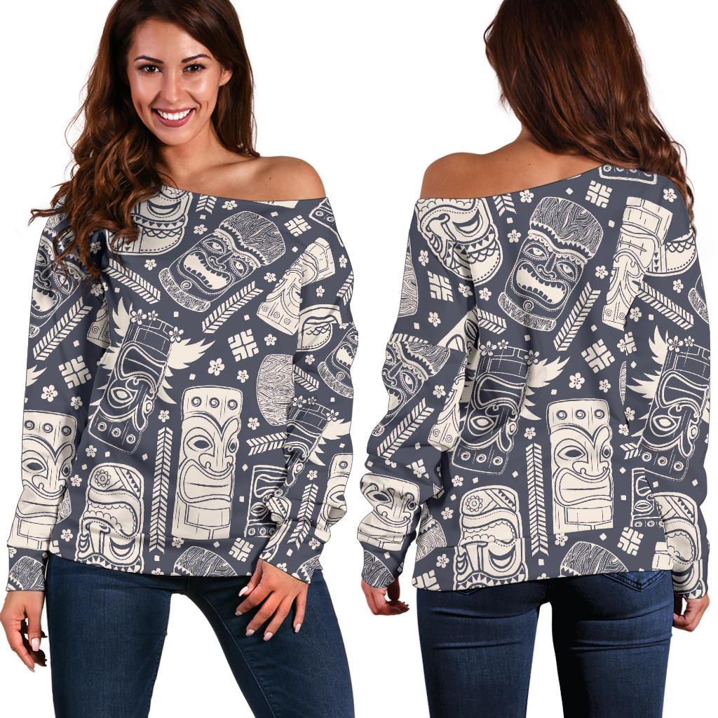 Tiki Pattern Print Women Off Shoulder Sweatshirt-grizzshop