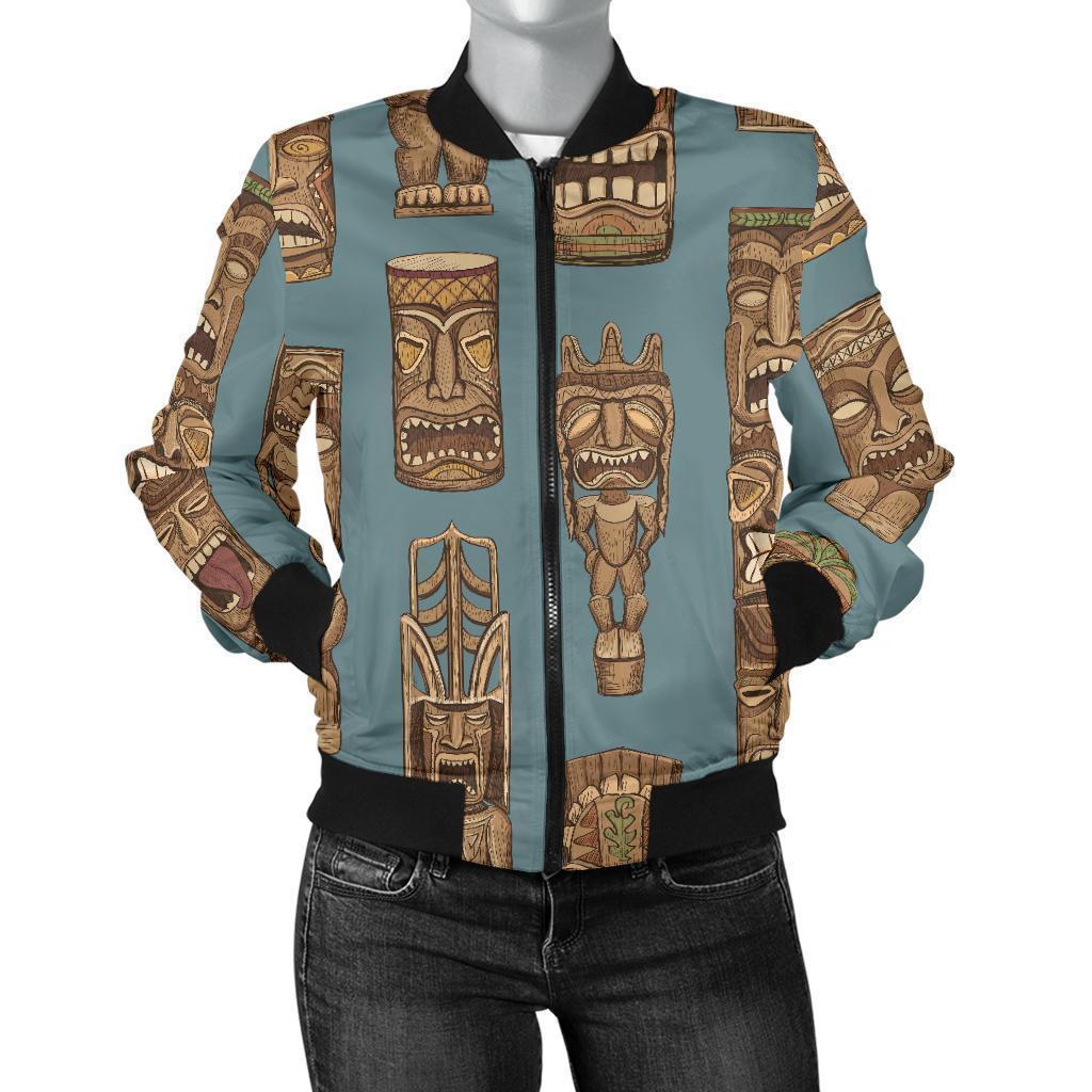 Tiki Print Pattern Women Casual Bomber Jacket-grizzshop